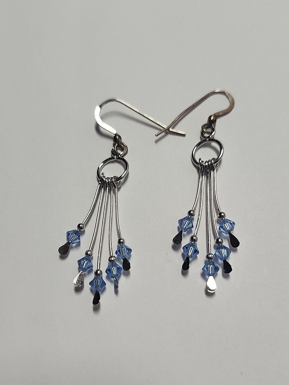 Silver Drop Earrings with Blue Crystal Beads With Sterling 925 Hooks